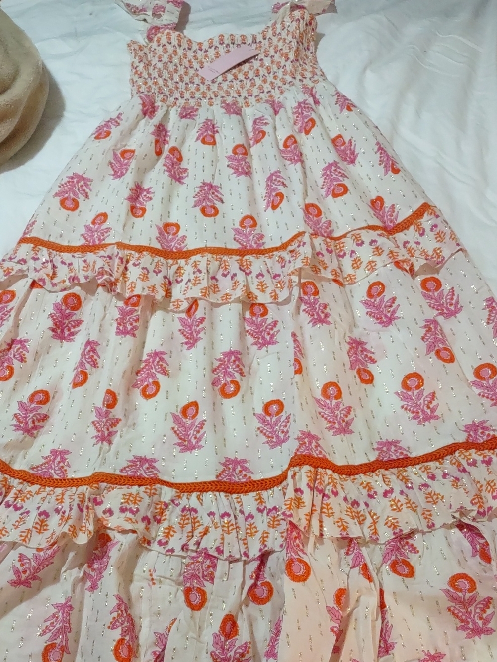 NWT Calypso St Barth Smocked Boho Maxi Dress .Pink, Orange, And Gold. Large